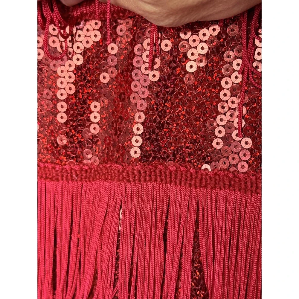 Weissman Dance Costume Dress Kids LC Red Nylon Spandex Fringe Sequin 8810